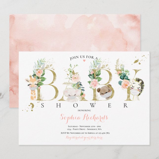 Greenery And Gold Safari Animals Baby Shower Invitation (Front/Back)