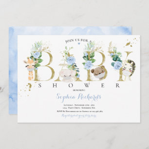 Greenery And Gold Safari Animals Baby Shower Invitation