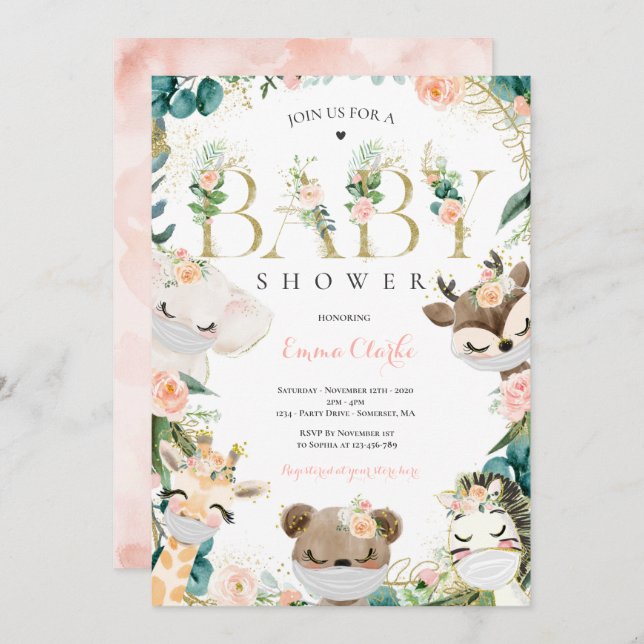 Greenery And Gold Safari Animals Baby Shower Invitation (Front/Back)