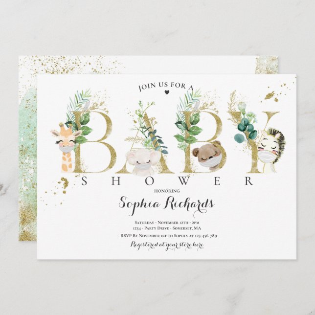Greenery And Gold Safari Animals Baby Shower Invitation (Front/Back)