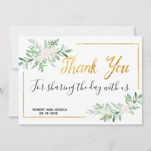 Greenery and Gold Simple Wedding Thank You Card (Front)