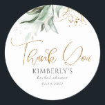 Greenery and Gold Thank You Classic Round Sticker<br><div class="desc">Eucalyptus greenery stickers</div>