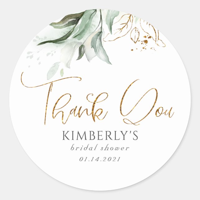 Greenery and Gold Thank You Classic Round Sticker (Front)