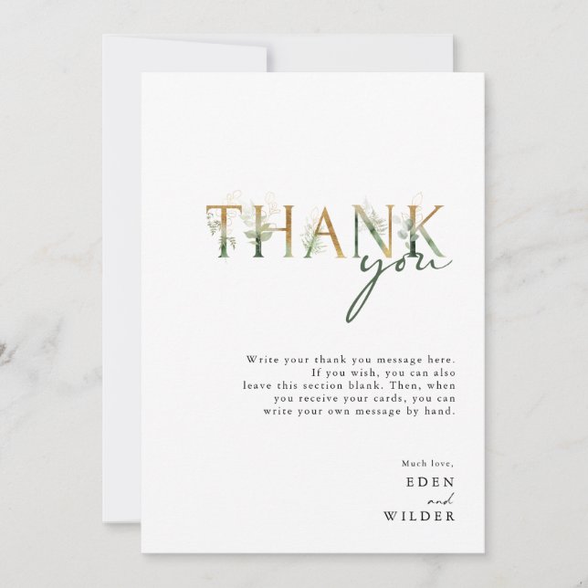 Greenery and Gold Vertical Baby Shower Thank You Card (Front)