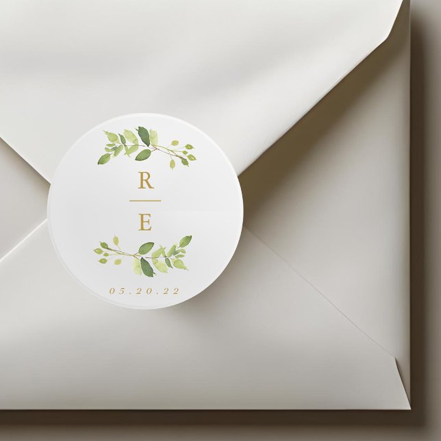 Greenery and Gold Wedding Initial Classic Round Sticker (Creator Uploaded)