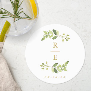 Greenery and Gold Wedding Monogram Round Paper Coaster