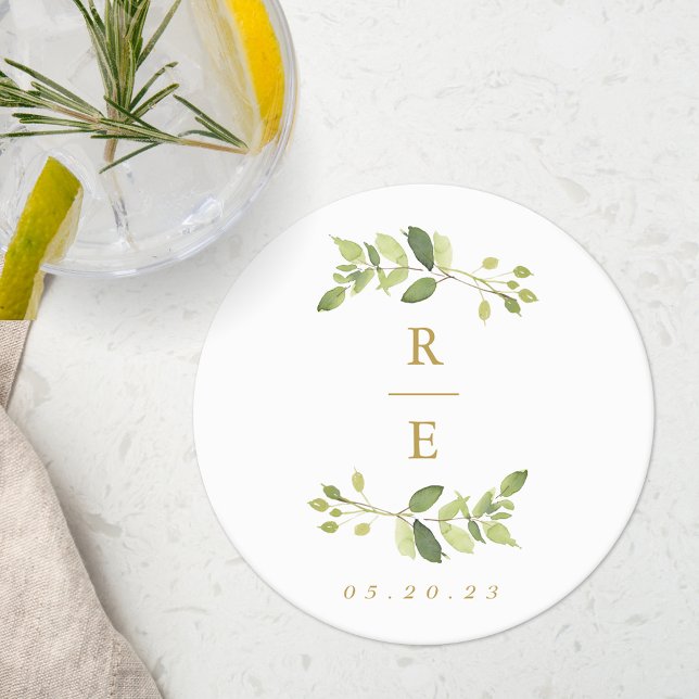 Greenery and Gold Wedding Monogram Round Paper Coaster (Creator Uploaded)