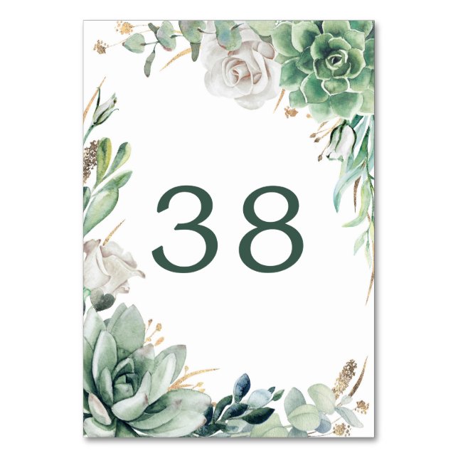 Greenery and Gold Wedding Table Number Cards (Front)