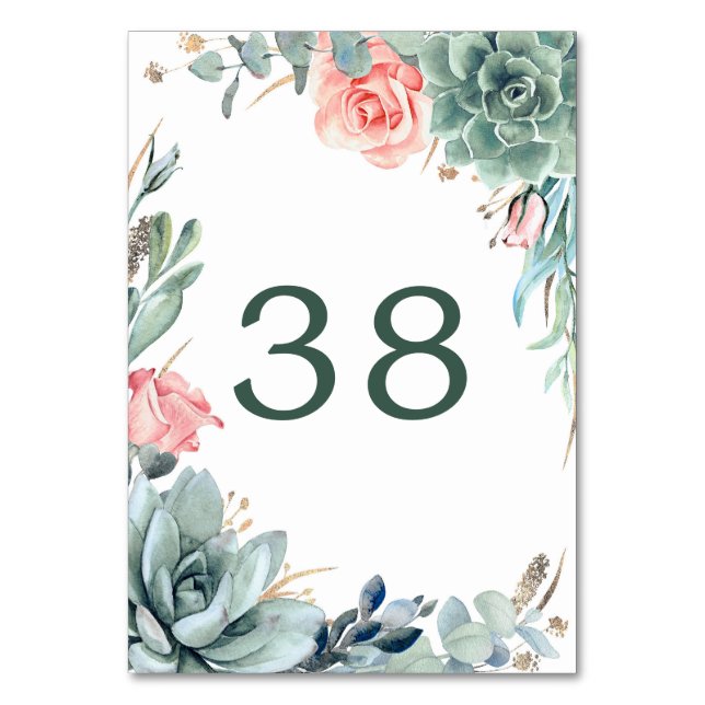 Greenery and Gold Wedding Table Number Cards (Front)