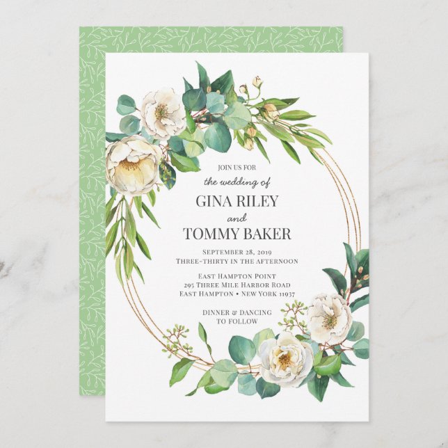 Greenery and Gold White floral Wedding invitation (Front/Back)