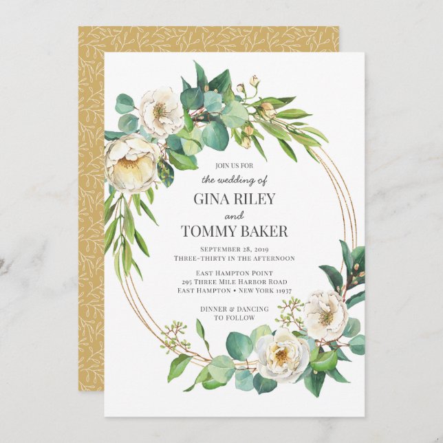 Greenery and Gold White floral Wedding invitation (Front/Back)