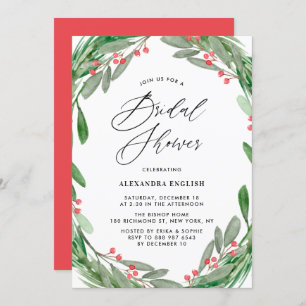 Greenery and Holly Wreath Winter Bridal Shower Invitation