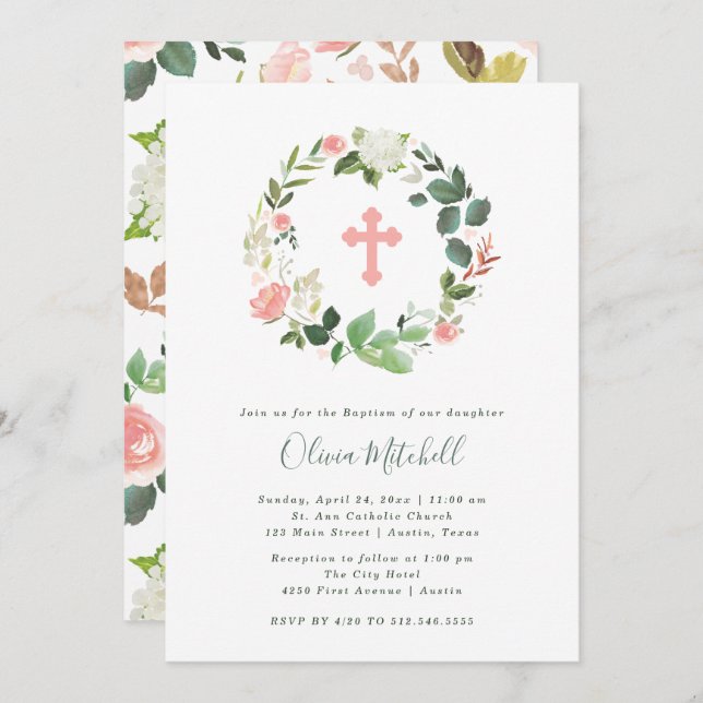 Greenery and Pink Floral Watercolor | Baptism Invitation (Front/Back)