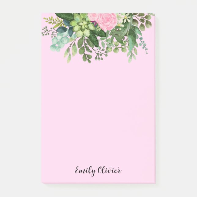 Greenery and Pink Flowers - Custom Name Post-it Notes (Front)