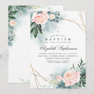 Greenery and Pink Flowers Elegant Modern Baptism Invitation