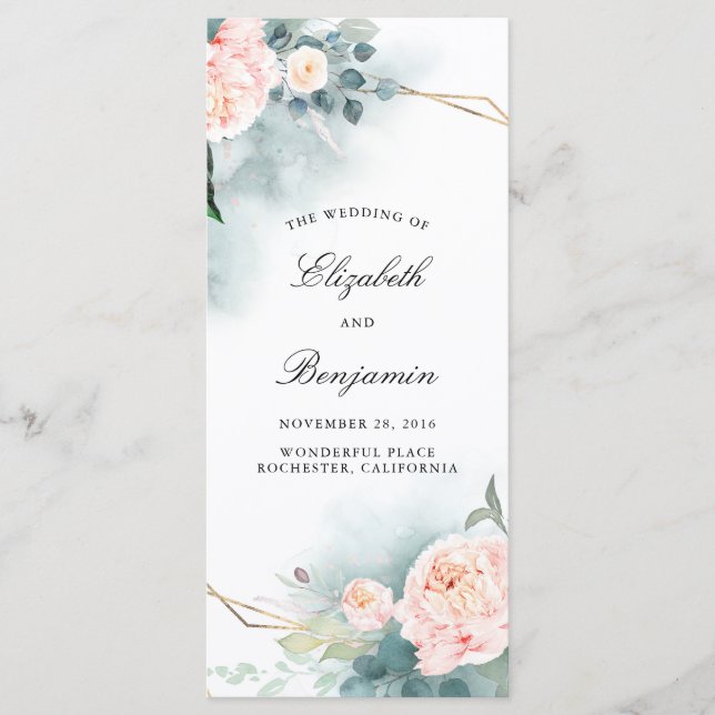 Greenery and Pink Flowers Wedding Programs (Front)