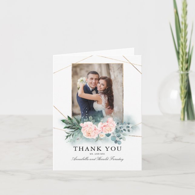 Greenery and Pink Flowers Wedding Thank You Photo Card (Front)