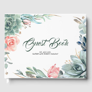 Greenery and Pink Rose Botanical Wedding Guest Book