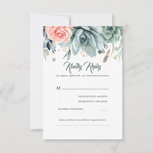 Greenery and Pink Rose Elegant Wedding RSVP Card (Front)