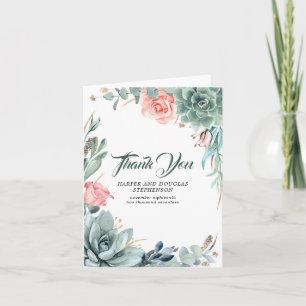 Greenery and Pink Rose Wedding Thank You Card