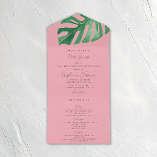 Greenery and Pink Tropical Monstera Bachelorette  All In One Invitation