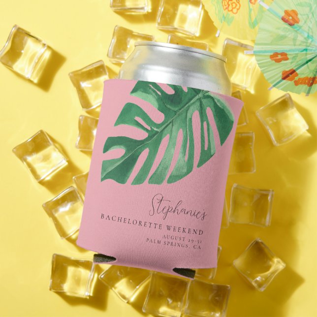 Greenery and Pink Tropical Monstera Bachelorette  Can Cooler (In Situ Summer)