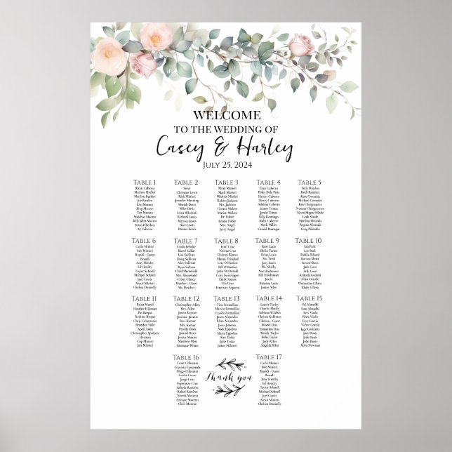 Greenery and roses wedding seating chart 17 tables (Front)
