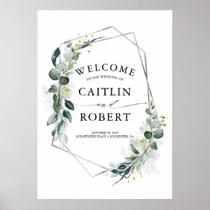 Greenery and Silver Geometric Frame Wedding Poster