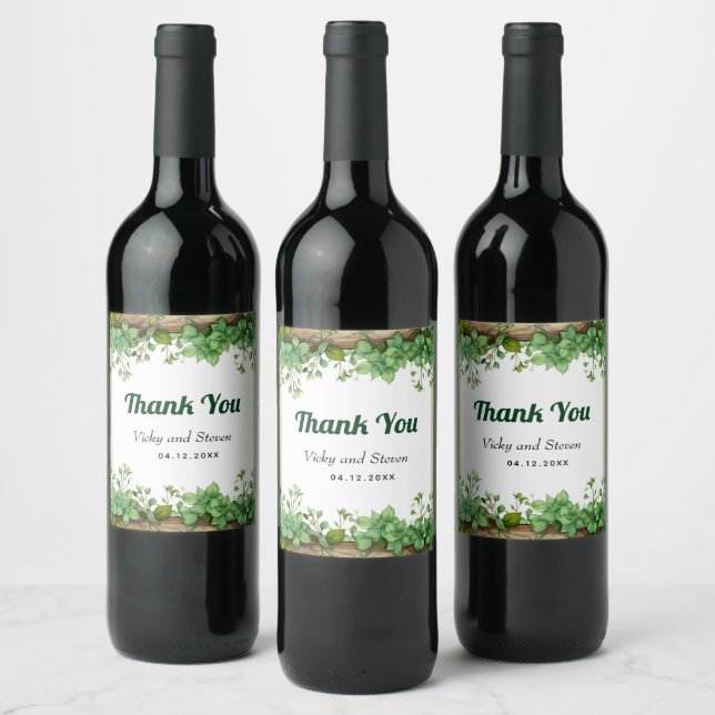 Greenery and stripes rustic Thank you wedding Wine Label (Bottles)