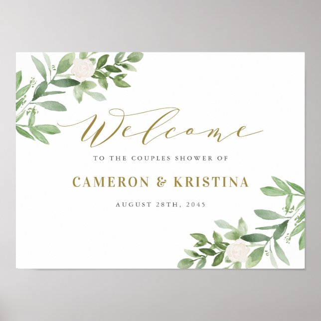 Greenery and White Floral Gold Couple Shower Poster (Front)