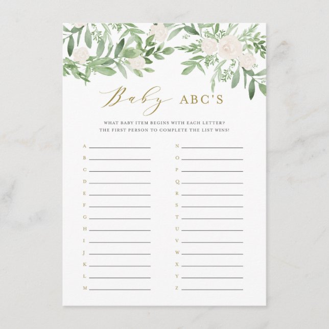 Greenery and White Flowers Baby Shower ABC Game Enclosure Card (Front)