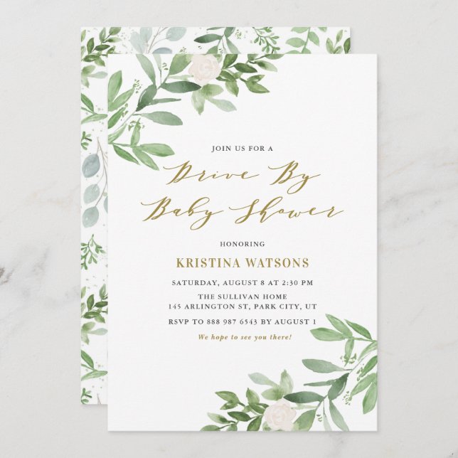 Greenery and White Flowers Drive By Baby Shower Invitation (Front/Back)