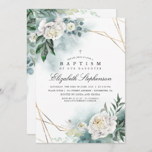 Greenery and White Flowers Elegant Modern Baptism Invitation