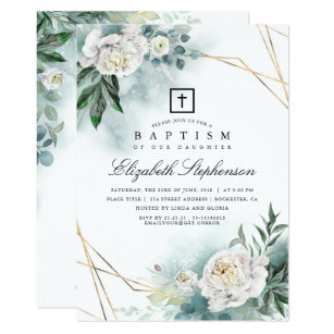 Greenery and White Flowers Elegant Modern Baptism Invitation