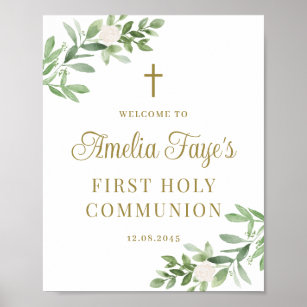 Greenery and White Flowers First Communion Welcome Poster