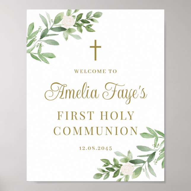 Greenery and White Flowers First Communion Welcome Poster (Front)