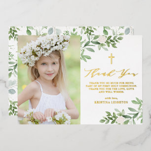 Greenery and White Flowers First Holy Communion Foil Holiday Card