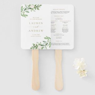 Greenery and White Flowers Gold Wedding Program Hand Fan