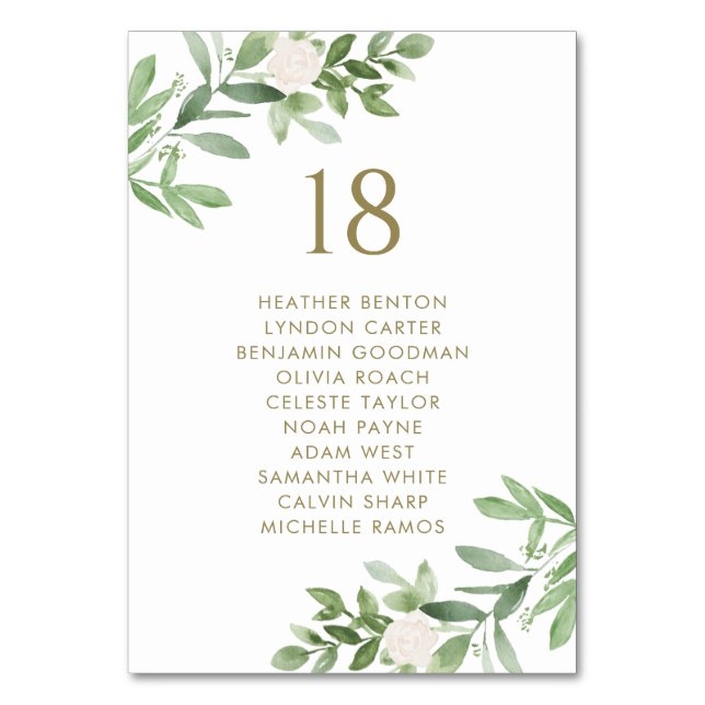 Greenery and White Flowers Gold Wedding Seating Table Number (Front)