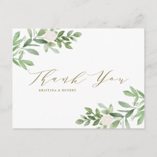 Greenery and White Flowers Gold Wedding Thank You Postcard