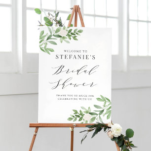 Greenery and White Flowers Grey Bridal Shower Poster