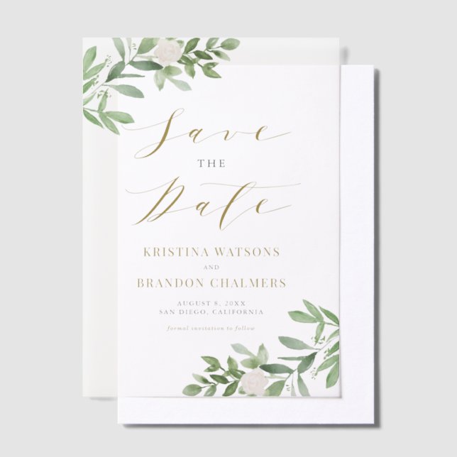 Greenery and White Flowers Grey Save the Date Vellum Invitations (Offset)