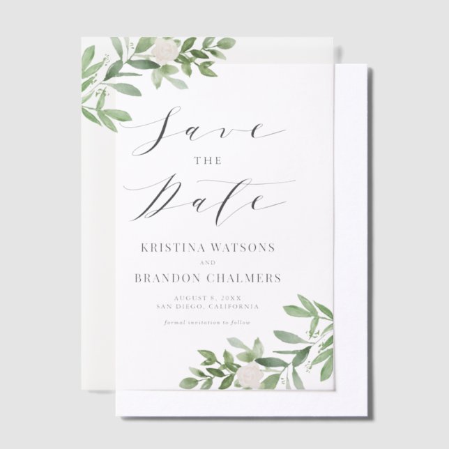 Greenery and White Flowers Grey Save the Date Vellum Invitations (Offset)