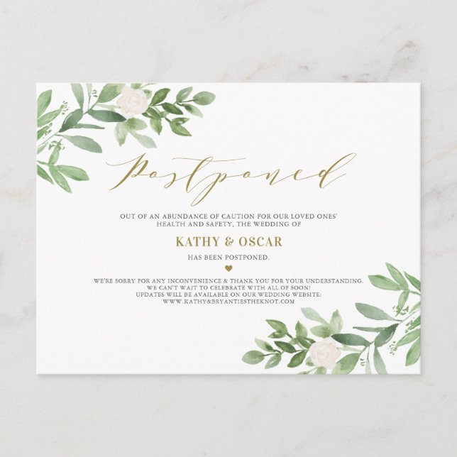 Greenery and White Flowers Photo Postponed Wedding Announcement Postcard (Front)