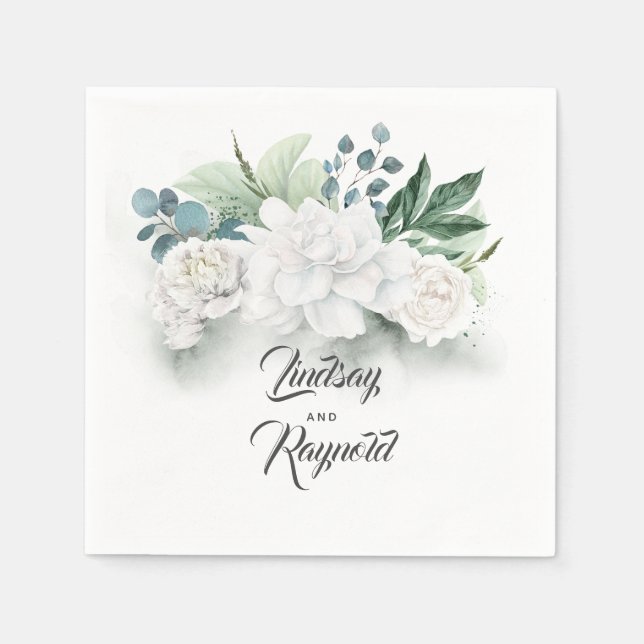 Greenery and White Flowers Romantic Wedding Napkin (Front)