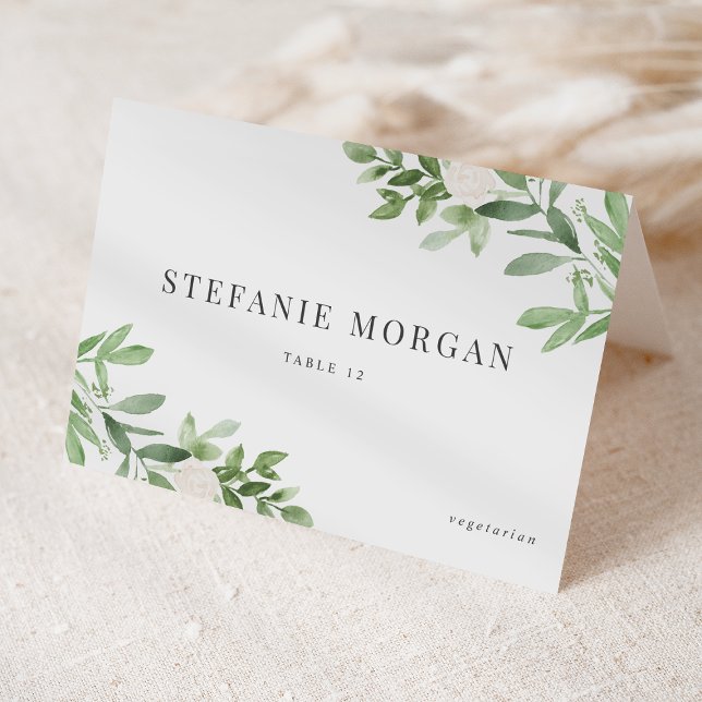 Greenery and White Flowers Wedding Place Card (Creator Uploaded)
