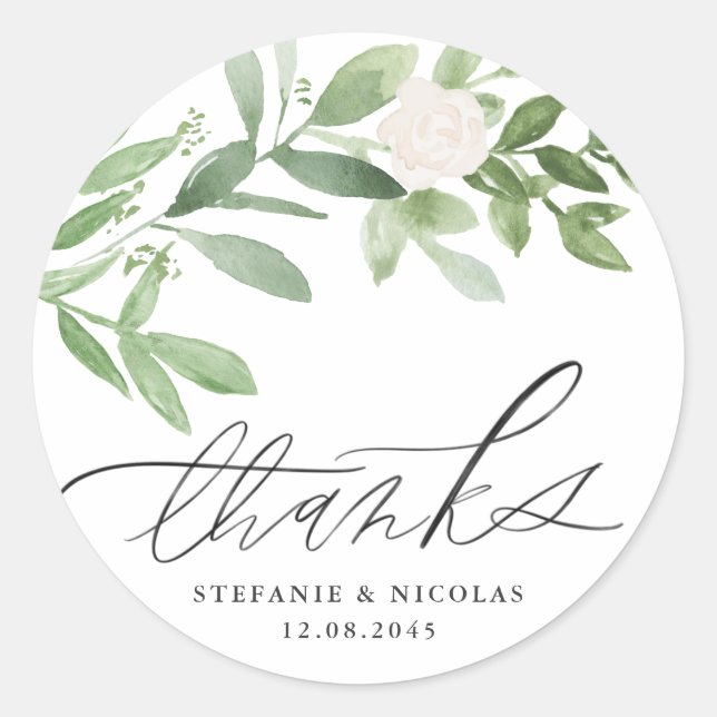 Greenery and White Flowers Wedding Thank You Classic Round Sticker (Front)