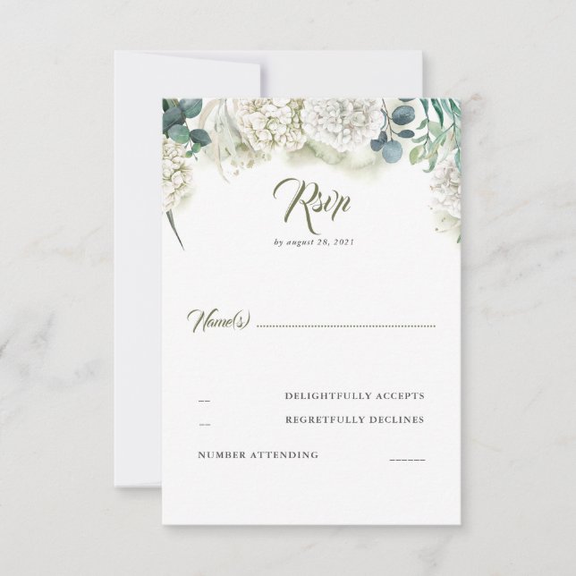 Greenery and White Hydrangea Wedding RSVP Card (Front)
