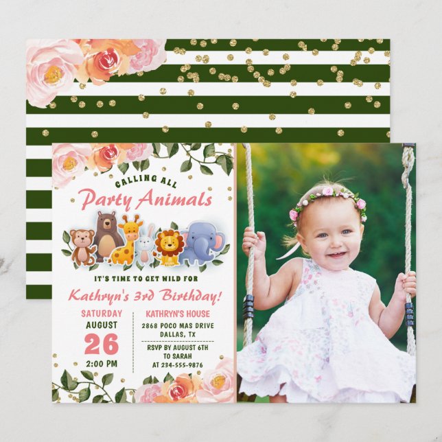 Greenery Animal Friends Pink Floral Birthday Photo Invitation (Front/Back)
