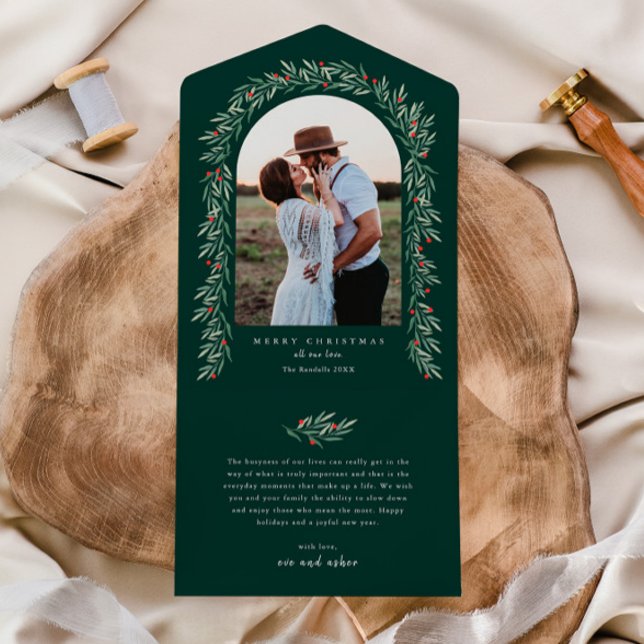 Greenery Arch Elegant Photo Christmas Holiday All In One Invitation (Elegant boho greenery arch photo christmas holiday all in one card.)